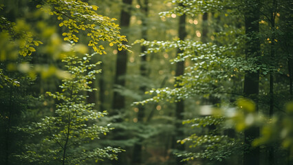 Atmospheric sunlit forest background with bright green leaves and warm bokeh light