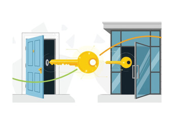 Golden Key Unlocks New Opportunities Connecting Business Doors scientific concept future technology abstract illustration