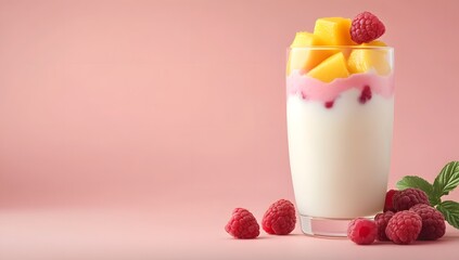 A glass of creamy white yogurt topped with fresh mango and raspberry on a pink background.

