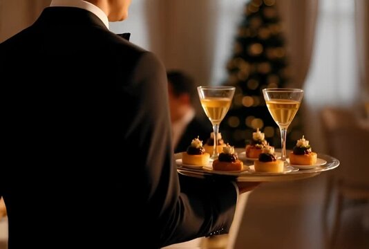 Waiter in tuxedo serving champagne and canaps at party