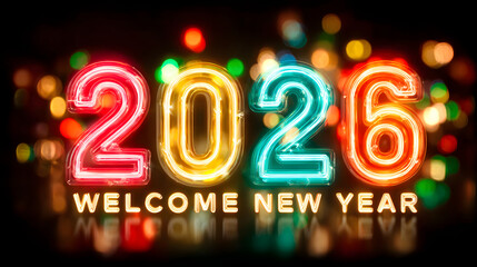 Obraz premium Bunte Neon-Zahlen 2026 mit Welcome New Year Text und leuchtenden Bokeh-Effekten auf dunklem Hintergrund