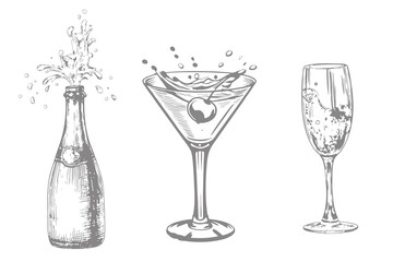 alcohol bottle and glass with splash drinks illustration. hand drawn engraving vector illustration vintage style. Eps 10