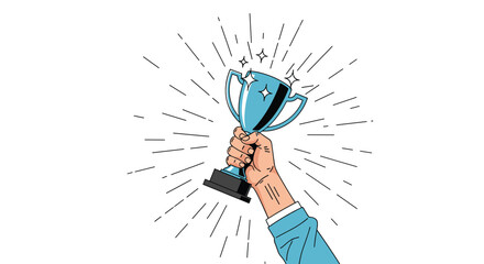 A triumphant hand raises a sparkling trophy symbolizing achievement success and victory.