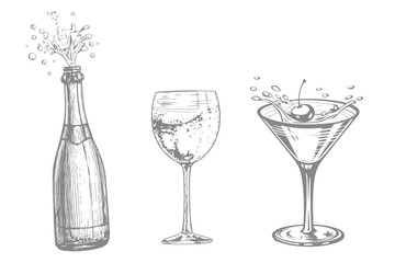 Isolated vintage style old fashioned, manhattan, martini, daiquiri illustration. alcohol bottle and glass with splash drinks. whiskey and cognac. Eps 10