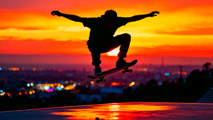 Skateboarder silhouette sunset action sport extreme sports skateboarding trick jump ramp urban lifestyle youth culture freedom adrenaline recreation skill challenge performance evening sky city lights