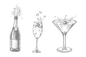 Engraving drinks alcohol bottle and glass with splash illustration. Whiskey hand draw daiquiri, old fashioned, manhattan, martini, sidecar. Eps 10