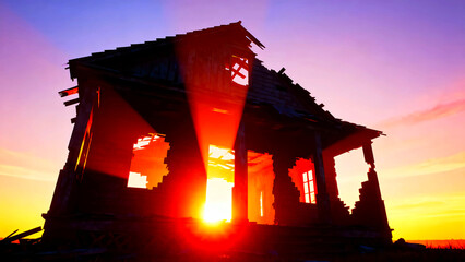 Abandoned house ruins decay architecture building structure sunset sunrise sky landscape nature travel tourism history ghost town derelict broken damaged weathered old aged vintage retro 1990s