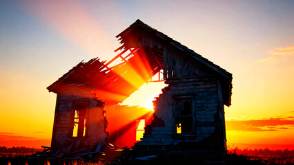 Abandoned house ruin decay derelict dilapidated architecture structure building home sunset sunrise light rays sunlight rural countryside landscape sky clouds horizon nature outdoors