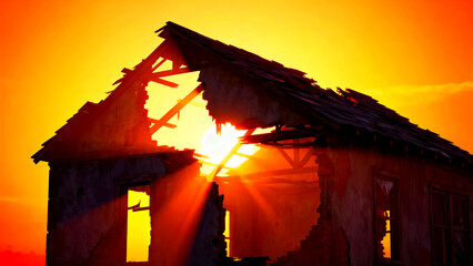 Abandoned building ruins sunset sunrise derelict architecture decay destruction dilapidated structure broken home ghost town forgotten past history sunlight beams orange sky landscape