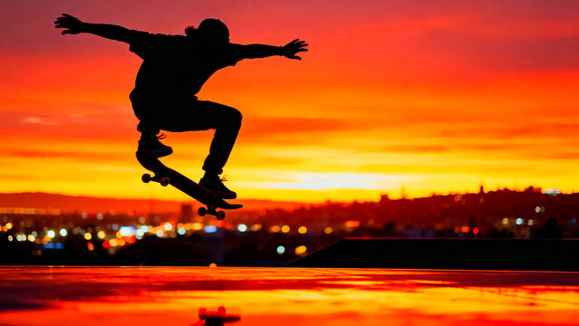 Skateboarder silhouette sunset cityscape urban extreme sports action lifestyle freedom youth recreation skill trick jump air dynamic energy vibrant orange red yellow skyline evening - Powered by Adobe