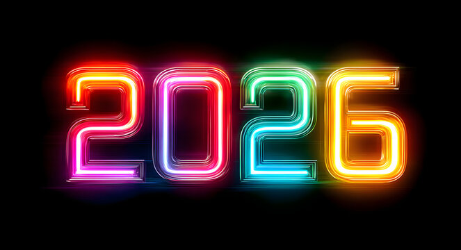2026 colorful neon lettering on plain black dark background