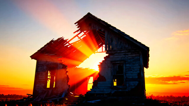 Abandoned house ruin decay derelict dilapidated architecture structure building home sunset sunrise light rays sunlight rural countryside landscape sky clouds horizon nature outdoors