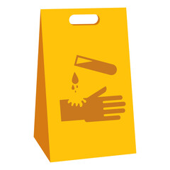 Yellow hazard warning sign with a corrosive liquid and hand symbols
