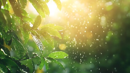 Raindrops falling on vibrant green leaves 