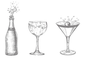 whiskey alcohol bottle and glass with splash drinks illustration.  engraving vector Isolated black and white vintage style. Eps 10