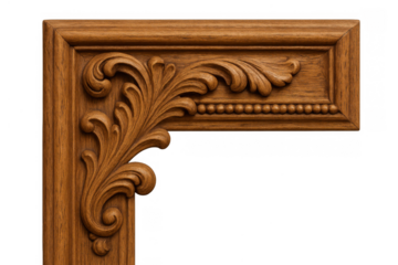 Ornate wood carving corner frame, displaying decorative floral scrollwork and intricate beaded trim on transparent background