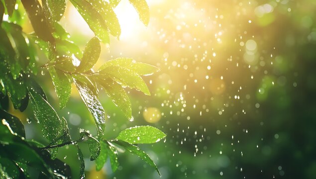 Raindrops falling on vibrant green leaves  - Powered by Adobe