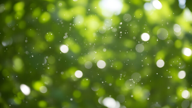 Fresh green bokeh background with bright rain water drops and natural sunlight overlay