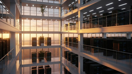 Modern Architectural Server Room Data Center at Sunset with Plants