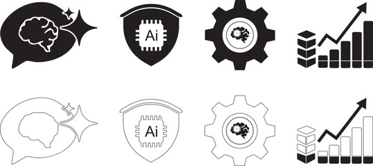 AI Technology Icon Set | Machine Learning, Automation, Security, Data Growth Symbols