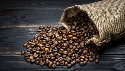 Roasted Coffee Beans Spilling from a Burlap Sack onto a Dark Wooden Surface