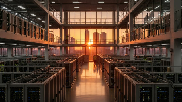 Industrial Data Center Sunset Architecture with Servers and Hardware Racks