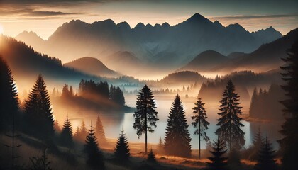 Misty Mountain Sunrise Over a Serene Forest Lake