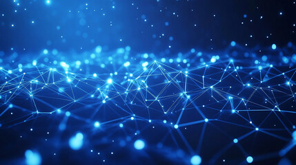 Futuristic geometric net of dots and triangular connections over bright blue cyberspace, highlighted with white volumetric lights, sleek depth, and seamless looping motion.