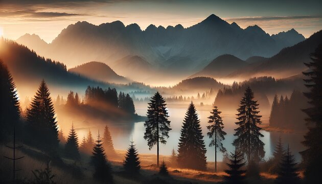 Misty Mountain Sunrise Over a Serene Forest Lake