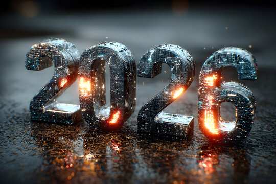 Shiny chrome 2026 digits on dark liquid metal with neon glow and festive sparks