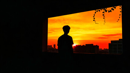 Sunset silhouette window view cityscape skyline orange sky building urban dark figure person contemplation peaceful serene tranquil evening dusk horizon scenic beauty nature