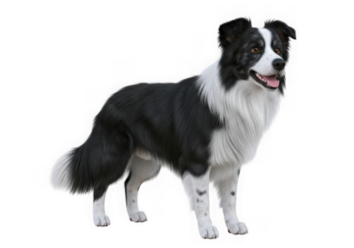 Alert border collie dog standing, black and white fur, alert expression, isolated. isolated on transparent background