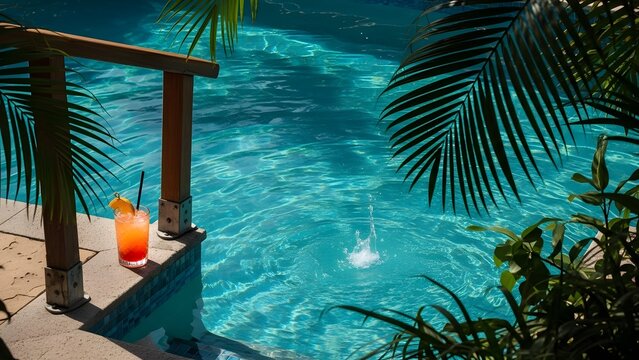 Tropical Poolside Cocktail with Refreshing Drink and Palm Leaves