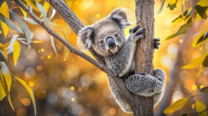 Fototapeta premium Cute Koala Bear Climbing Tree in Bright Sunny Forest