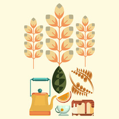 Autumn Tea Time with Kettle, Cake, and Leaves Flat Illustration