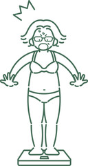 体重計に乗り、増えた体重に驚愕する40代女性のイラスト　線画のみ