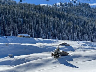 Old traditional swiss rural architecture and alpine livestock farms in the winter ambience of the alpine Swiss village St. Ant&ouml;nien - Canton of Grisons, Switzerland (Kanton Graub&uuml;nden, Schweiz)