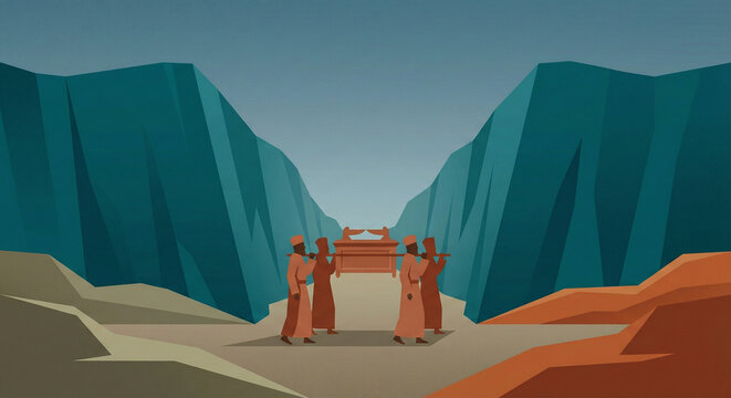 Crossing the Jordan River
Bible story
Priests carrying the Ark in geometric flat shapes as the river parts, deep teal water forms, warm clay clothing silhouettes, minimal terrain.