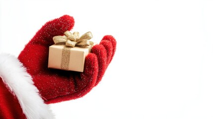 A red Santa glove holding a small gift box isolated on white