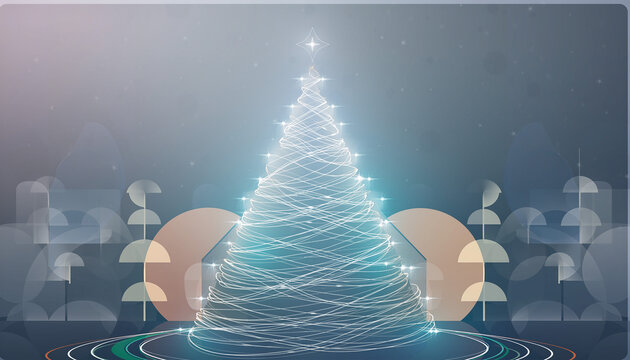 Abstract Glowing Christmas Tree with Star and Geometric Decorations