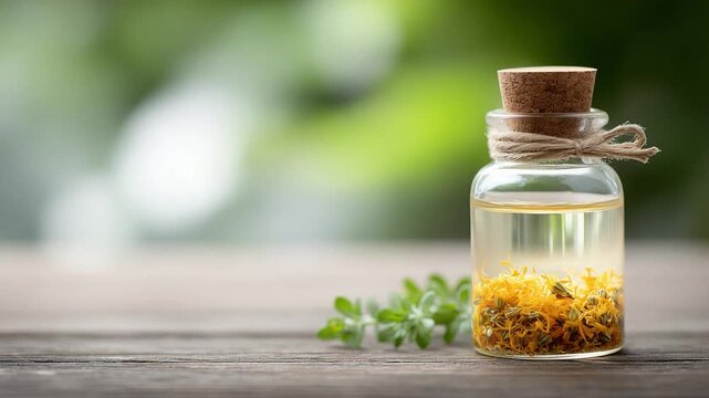 Essential Oil Bottle on Wooden Surface: A clear glass bottle of essential oil with a cork stopper is gracefully positioned on a weathered wooden surface, with a sprig of fresh green leaves.