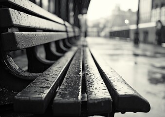 Close-up of a wet park bench on a rainy day