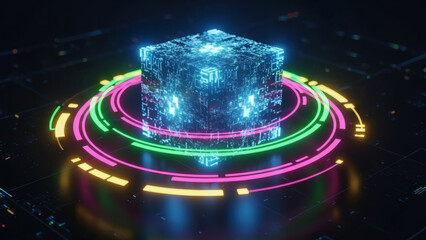 Enigmatic glowing cube at the heart of an intricate digital network, illustrating concepts of advanced computing, quantum processing, and the profound interconnectedness of information technology