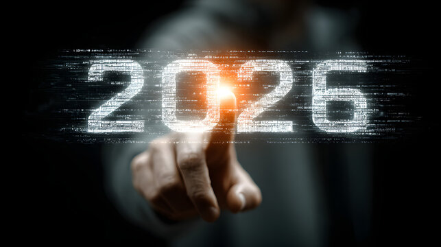 Hand interacting with a glowing digital '2026' in a futuristic interface, representing technology, future vision, business goals, and innovation.