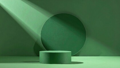 Minimalist Green Studio Scene with Cylindrical Podium and Circular Backdrop Under Dramatic Light Beam.