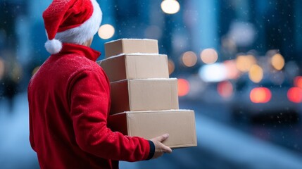A man in a red Santa hat is holding a stack of boxes