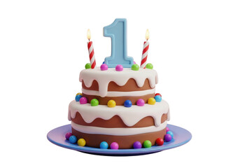 Two-tier birthday cake with blue number 1 candle and colorful candies isolated on transparent background