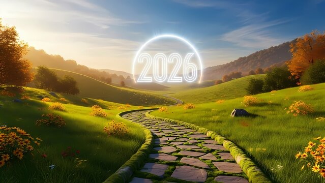 A serene landscape where a path leads towards a brightly glowing '2026' gateway on the horizon, bathed in warm, optimistic sunlight. The scene is filled with lush greenery and a sense of calm promise.