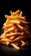 A tall pile of crispy golden French fries stacked in a vertical frame, showcasing crunchy texture, warm tones, and delicious comfort-food appeal. Perfect for food branding, menus, ads, or snack concep