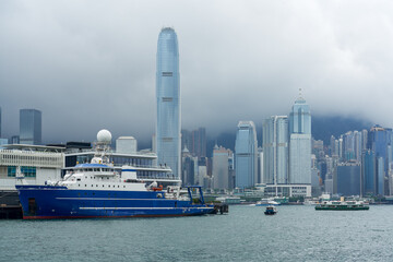 A research vessel docked at a pier in Hong Kong, China